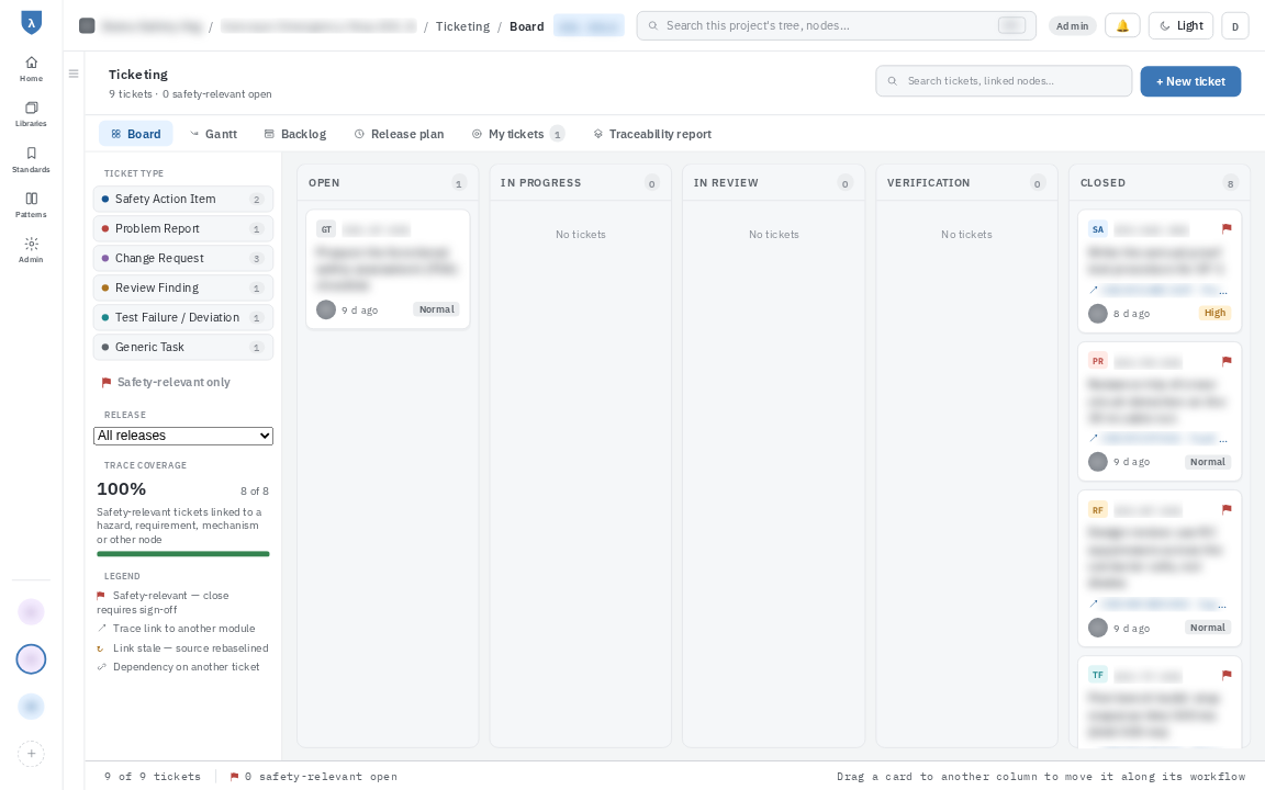 Ticket board with workflow columns, ticket types and trace coverage of safety-relevant tickets